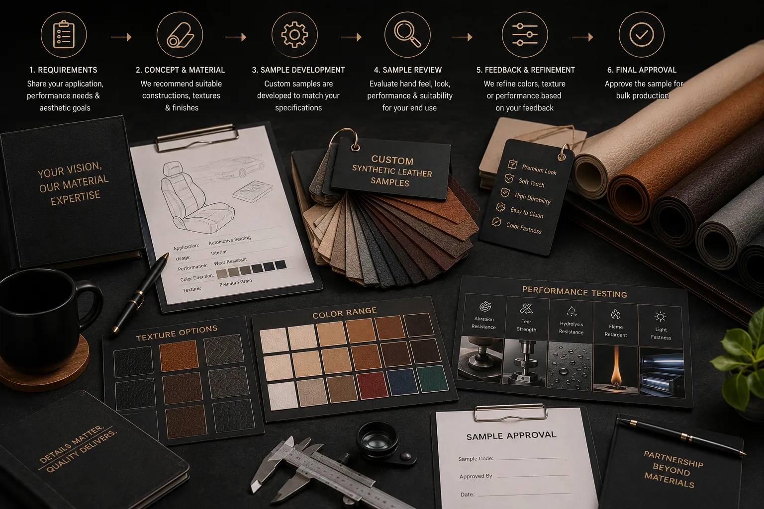 Premium editorial still life featuring custom synthetic leather samples, material swatches, texture boards, and product development tools in a luxury studio setting