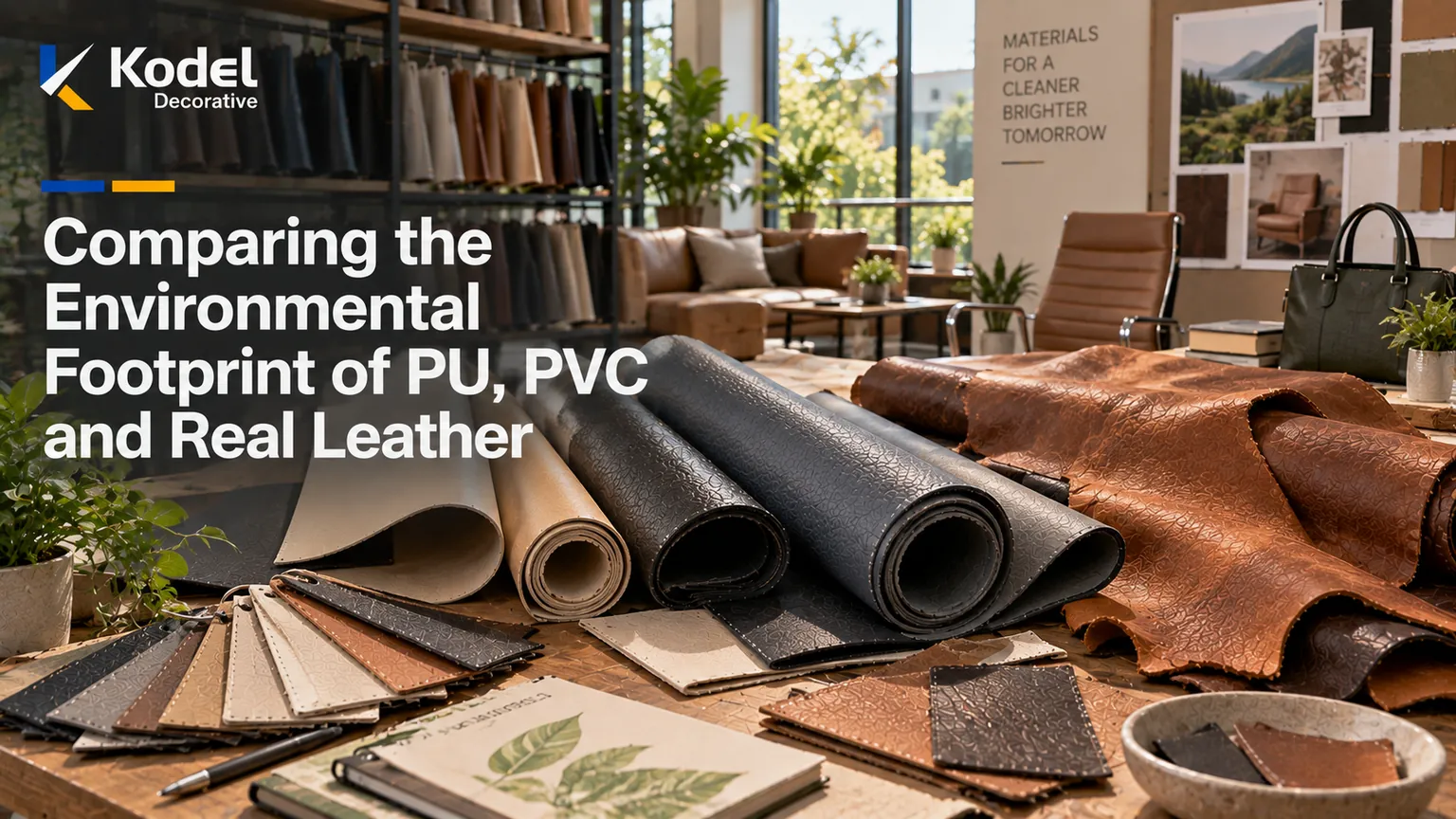 Premium PU leather, PVC leather, and real leather materials displayed in a modern material sourcing studio with natural elements