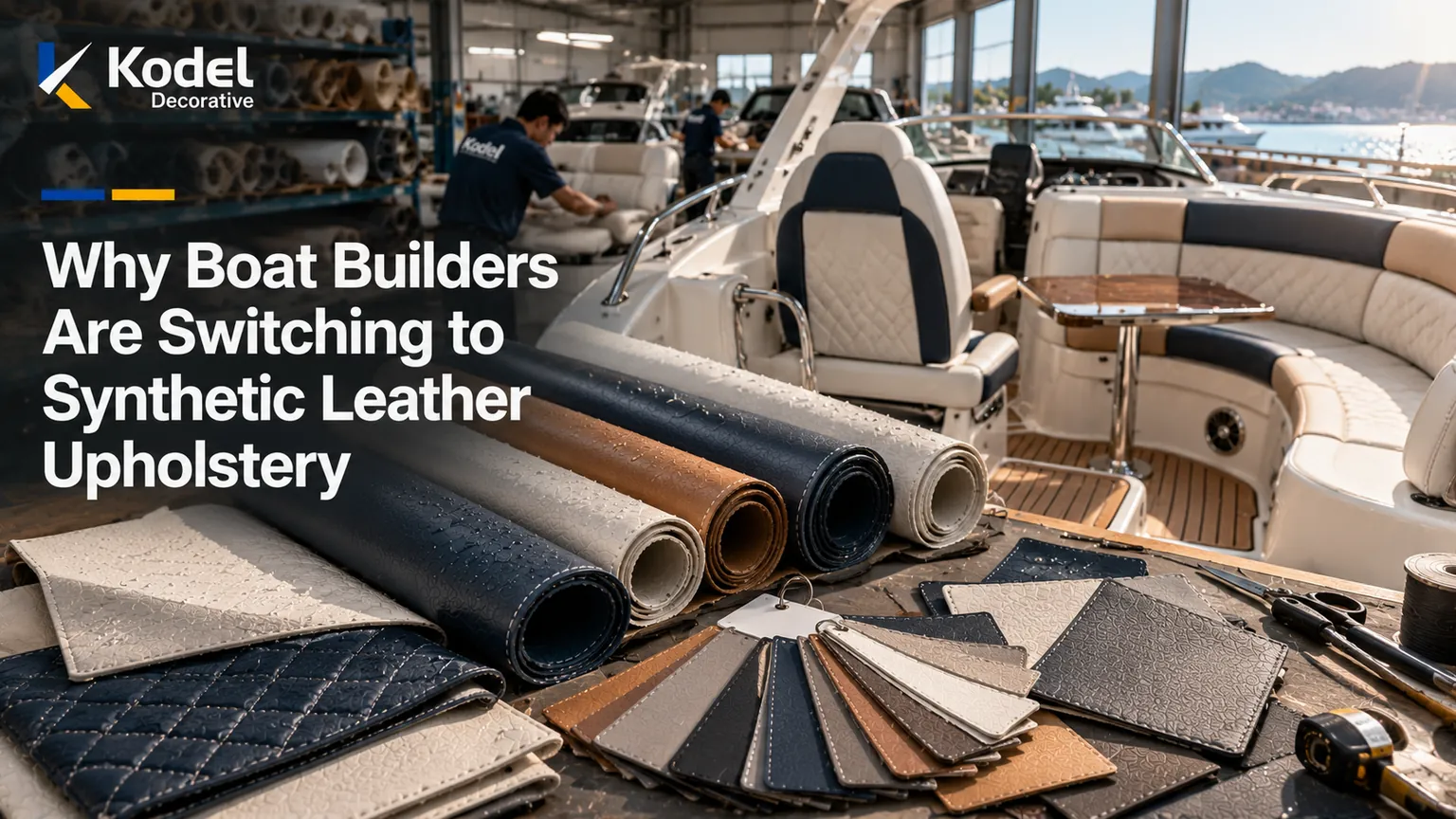Premium boat-building workshop featuring synthetic leather upholstery rolls, marine material swatches, yacht seating, and professional upholstery tools