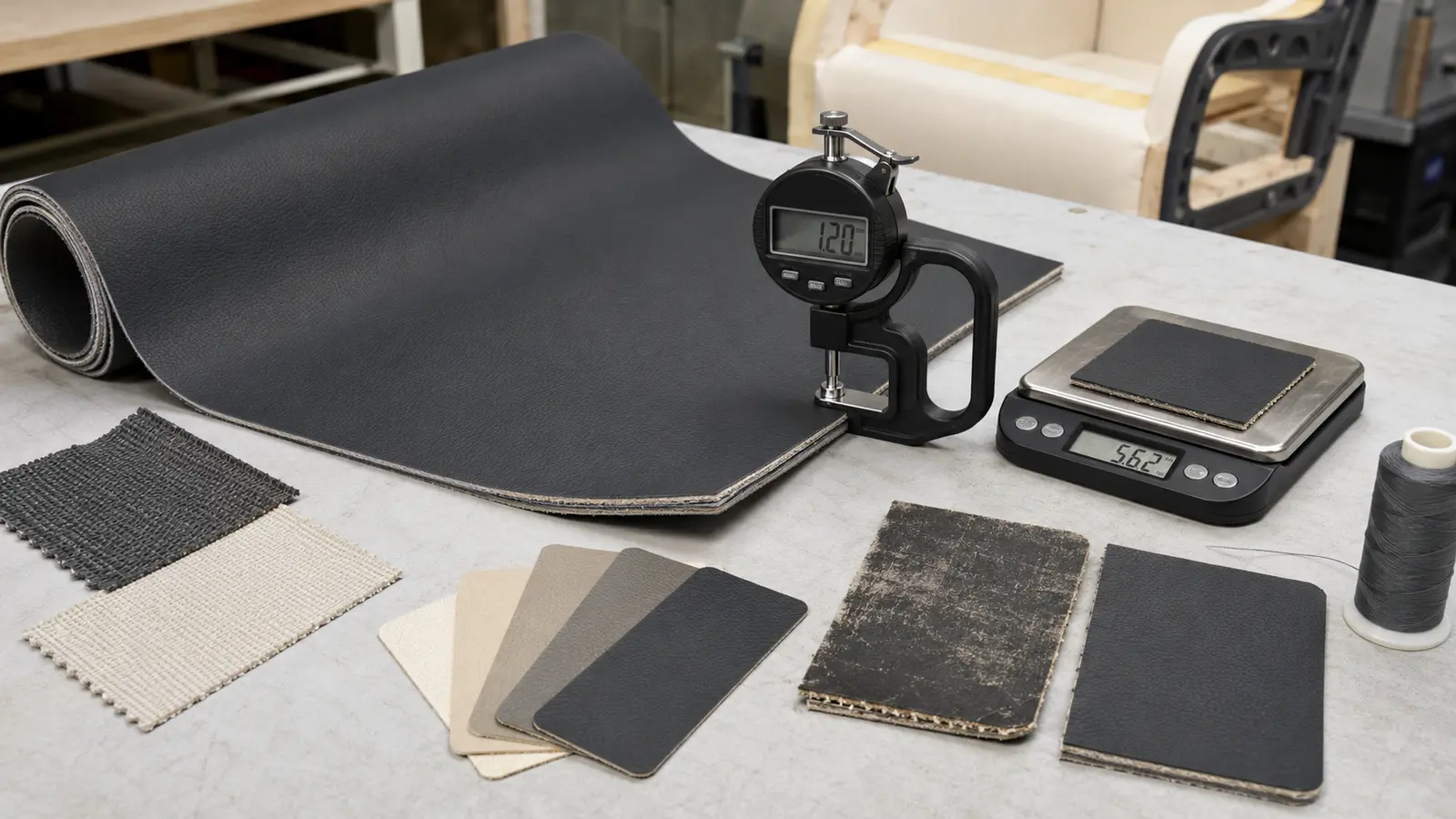 Furniture-grade synthetic leather samples undergoing specification checks
