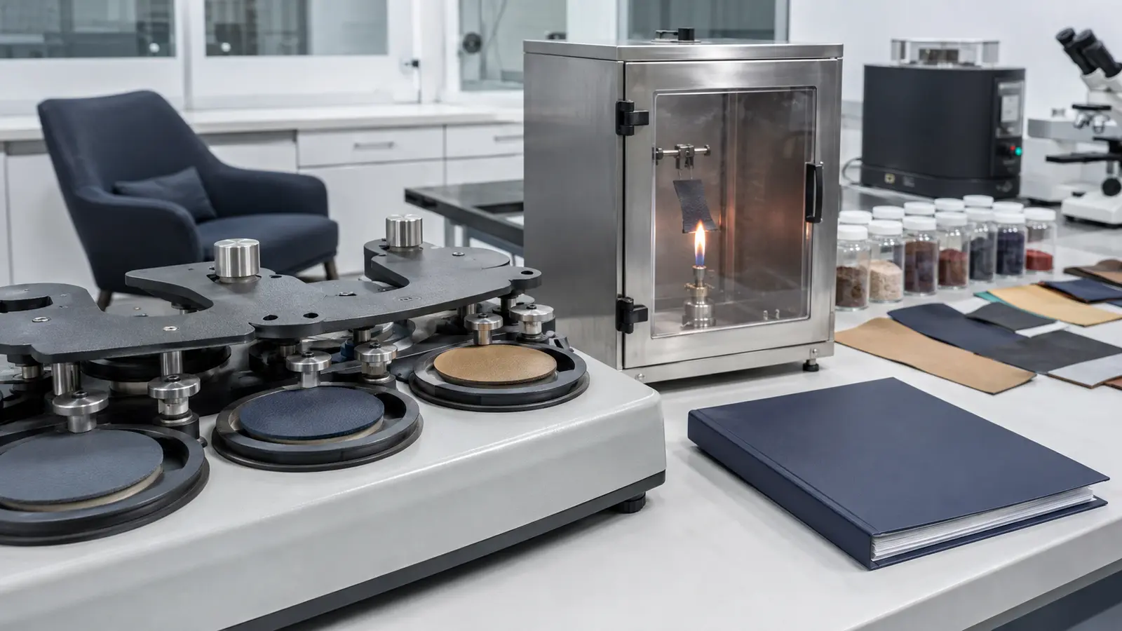 Synthetic leather undergoing abrasion, flame and compliance testing