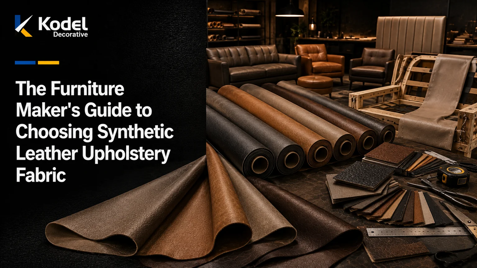 Premium editorial furniture workshop featuring synthetic leather upholstery rolls, material swatches, measuring tools, and upholstered furniture in a luxury manufacturing studio.