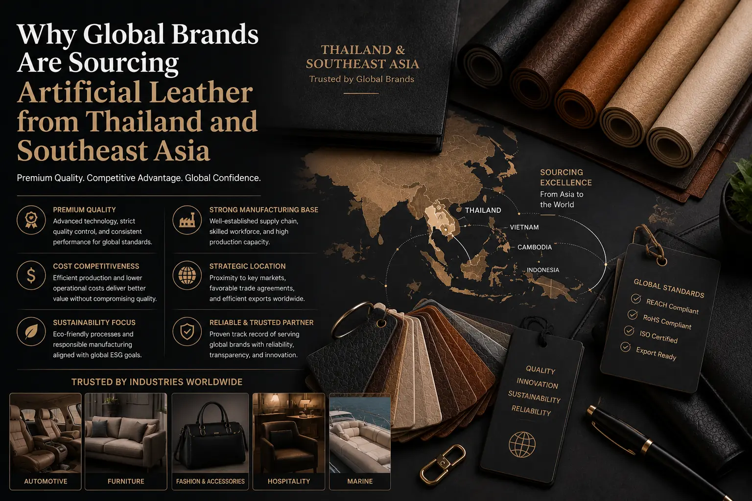 Premium editorial sourcing visual featuring artificial leather rolls, material swatches, Southeast Asia trade map, and B2B manufacturing elements in a luxury studio setting