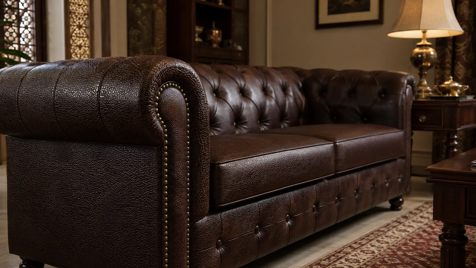 Deep pebble-grain synthetic leather Chesterfield sofa