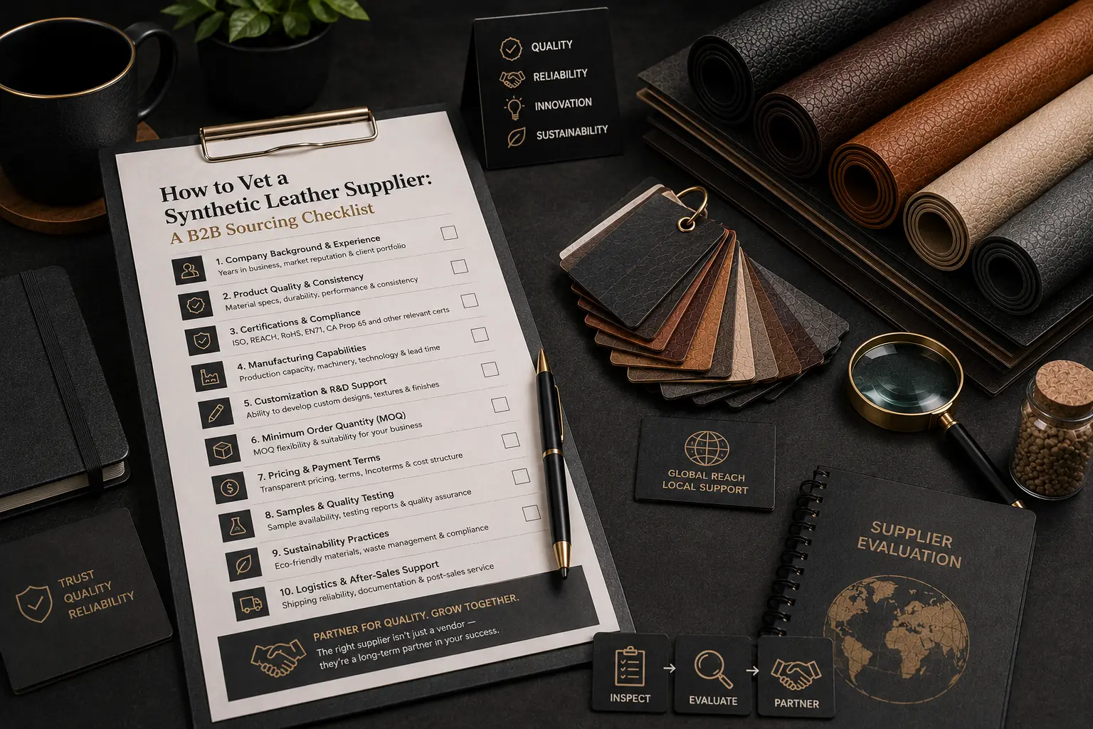Premium editorial still life featuring synthetic leather rolls, material swatches, supplier evaluation checklist, and quality inspection tools in a luxury studio setting