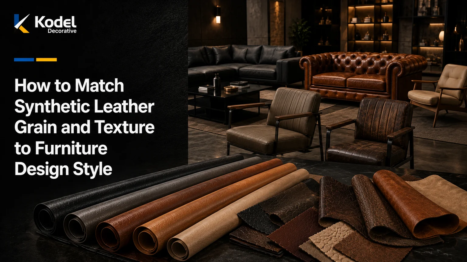 Premium editorial showroom featuring synthetic leather rolls, textured material swatches, and furniture styles matched with different leather grains and finishes.