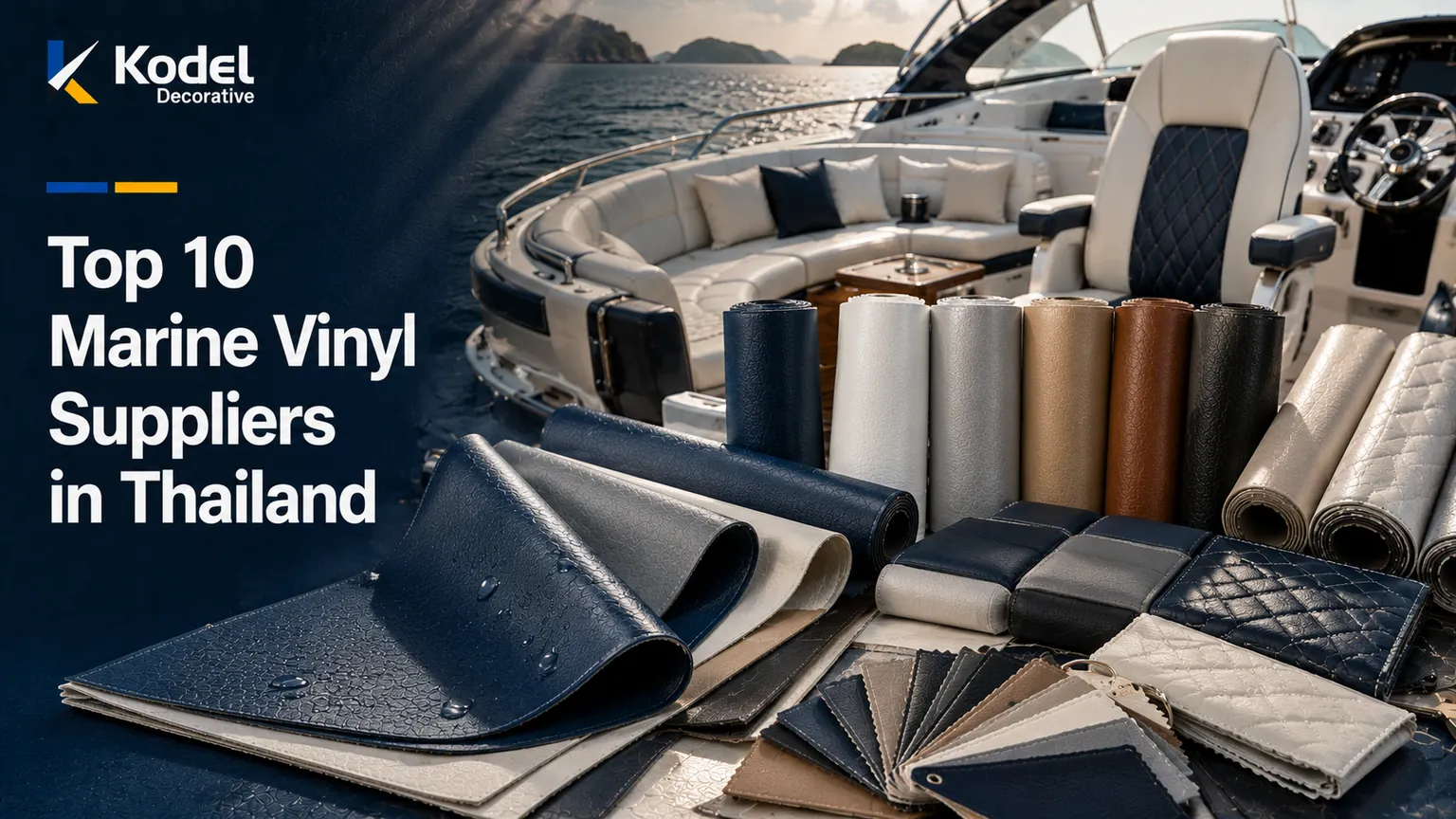 Premium marine vinyl rolls, upholstery swatches, and luxury yacht seating showcasing marine vinyl material sourcing in Thailand