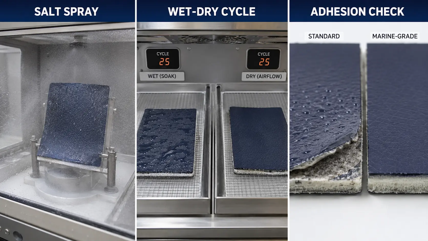 Salt spray, wet-dry and adhesion testing for marine synthetic leather
