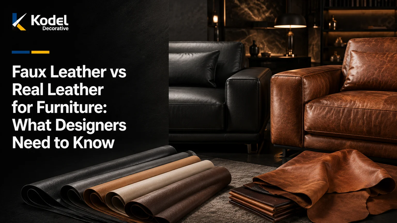 Premium editorial comparison featuring faux leather and real leather furniture, leather rolls, and material hides in a luxury interior setting