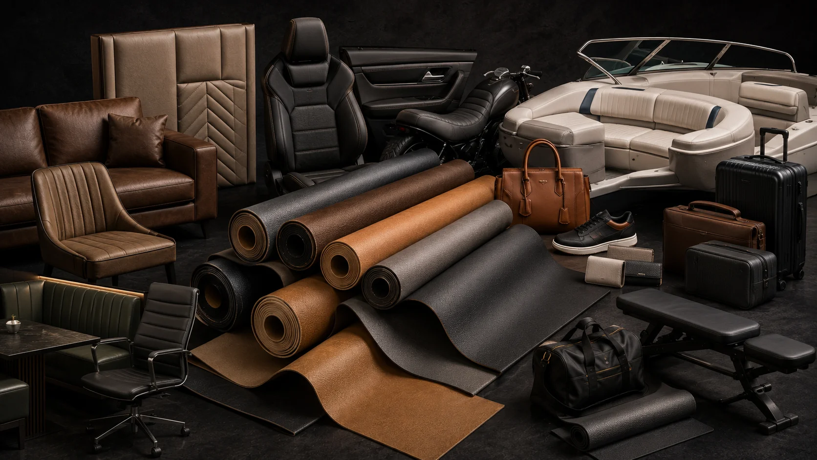Premium editorial composition featuring industrial synthetic leather rolls with furniture, automotive, marine, fashion, hospitality, luggage, and fitness applications on a luxury dark studio background