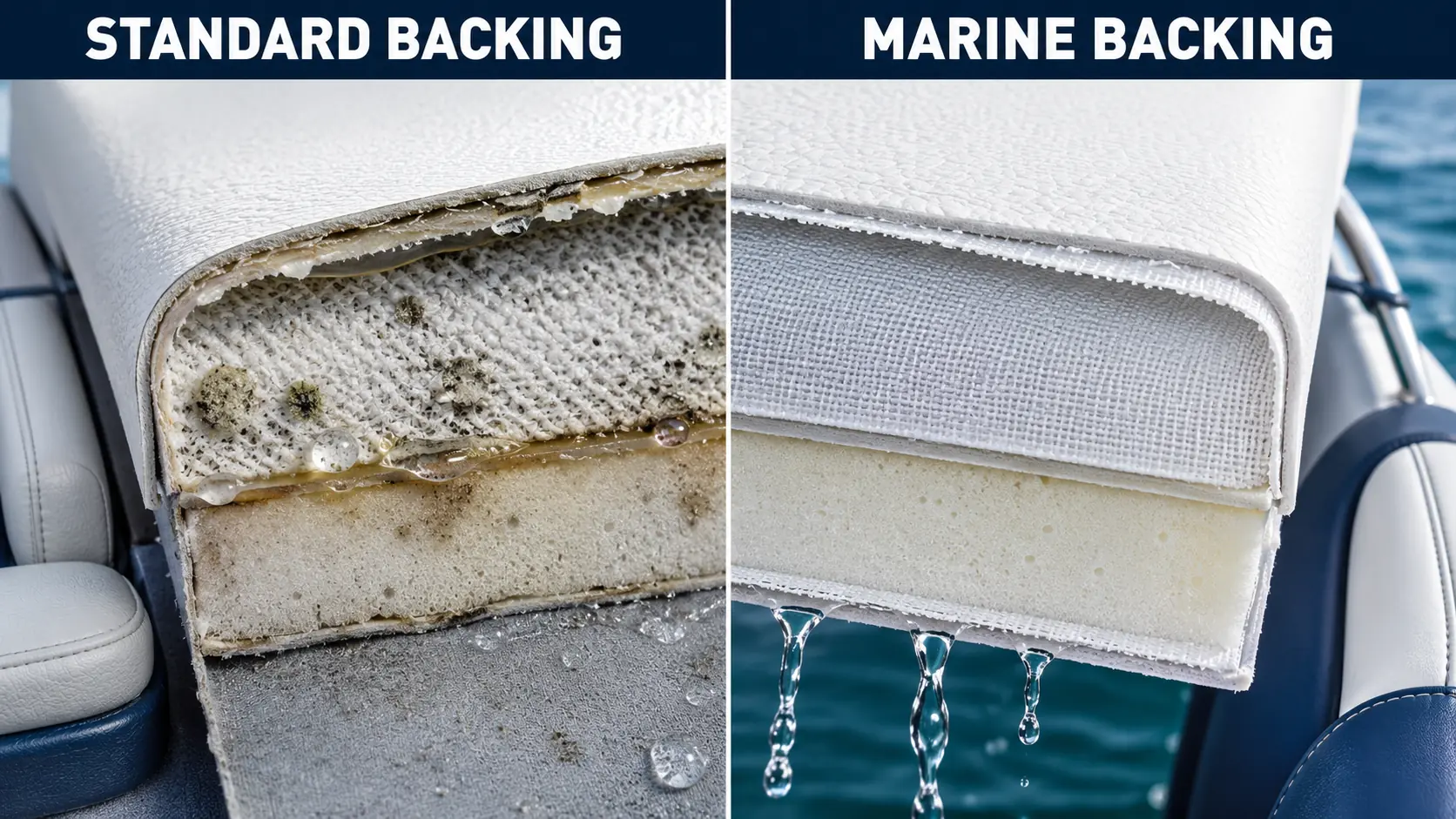 Standard and marine synthetic leather backing construction with moisture comparison