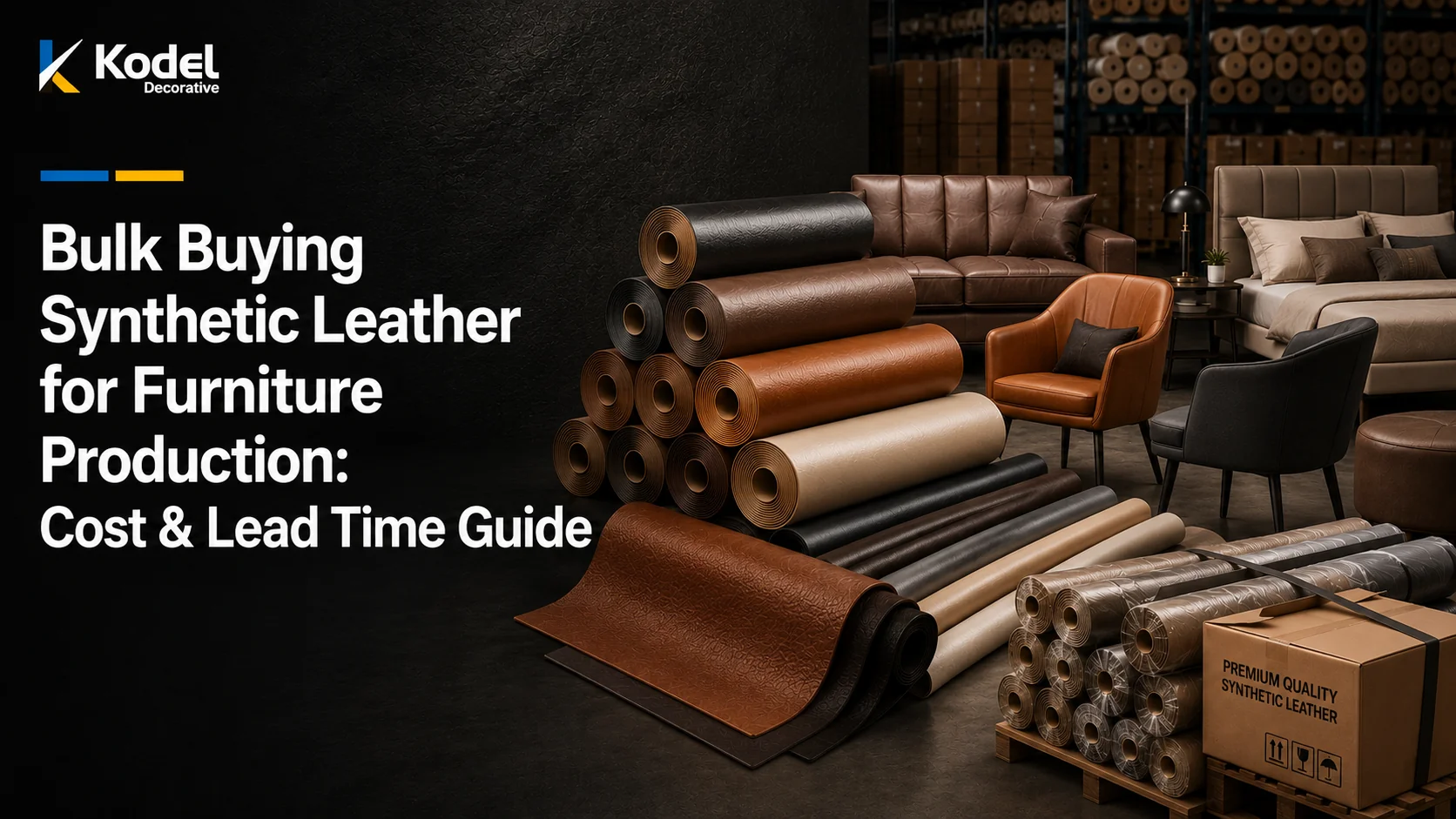 Premium Kodel Decorative banner featuring bulk synthetic leather rolls, upholstered furniture, wholesale inventory, and production materials for furniture manufacturing.