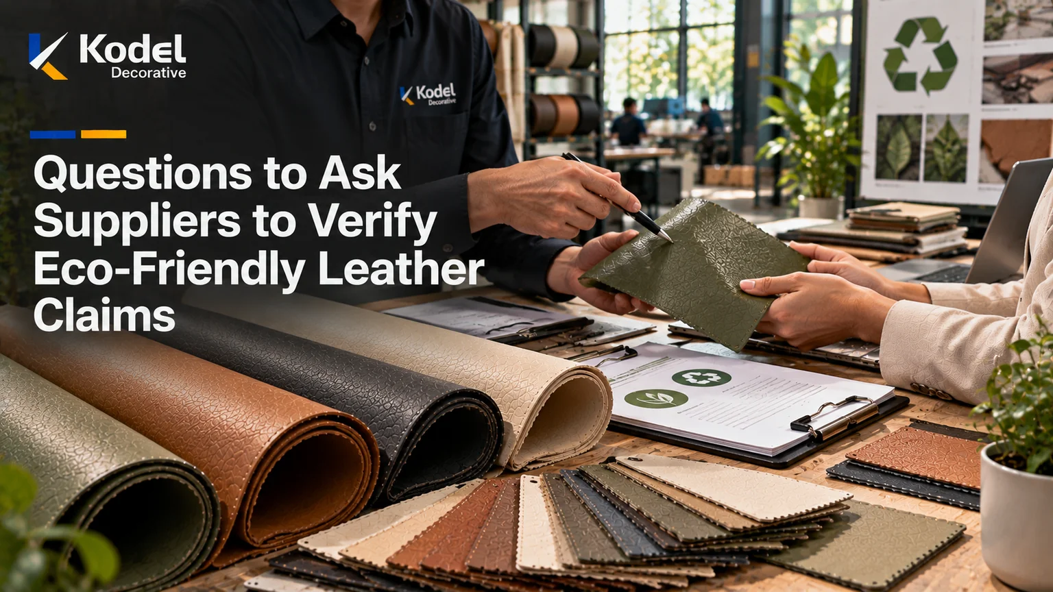 Eco-friendly leather swatches and synthetic leather rolls being inspected alongside sustainability documentation in a professional material sourcing studio