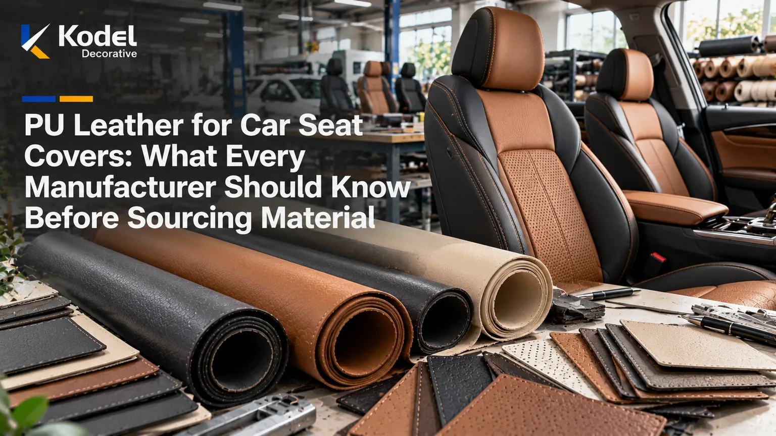 Premium PU leather rolls, automotive seat covers, perforated car seat upholstery, and material samples in a professional automotive manufacturing facility