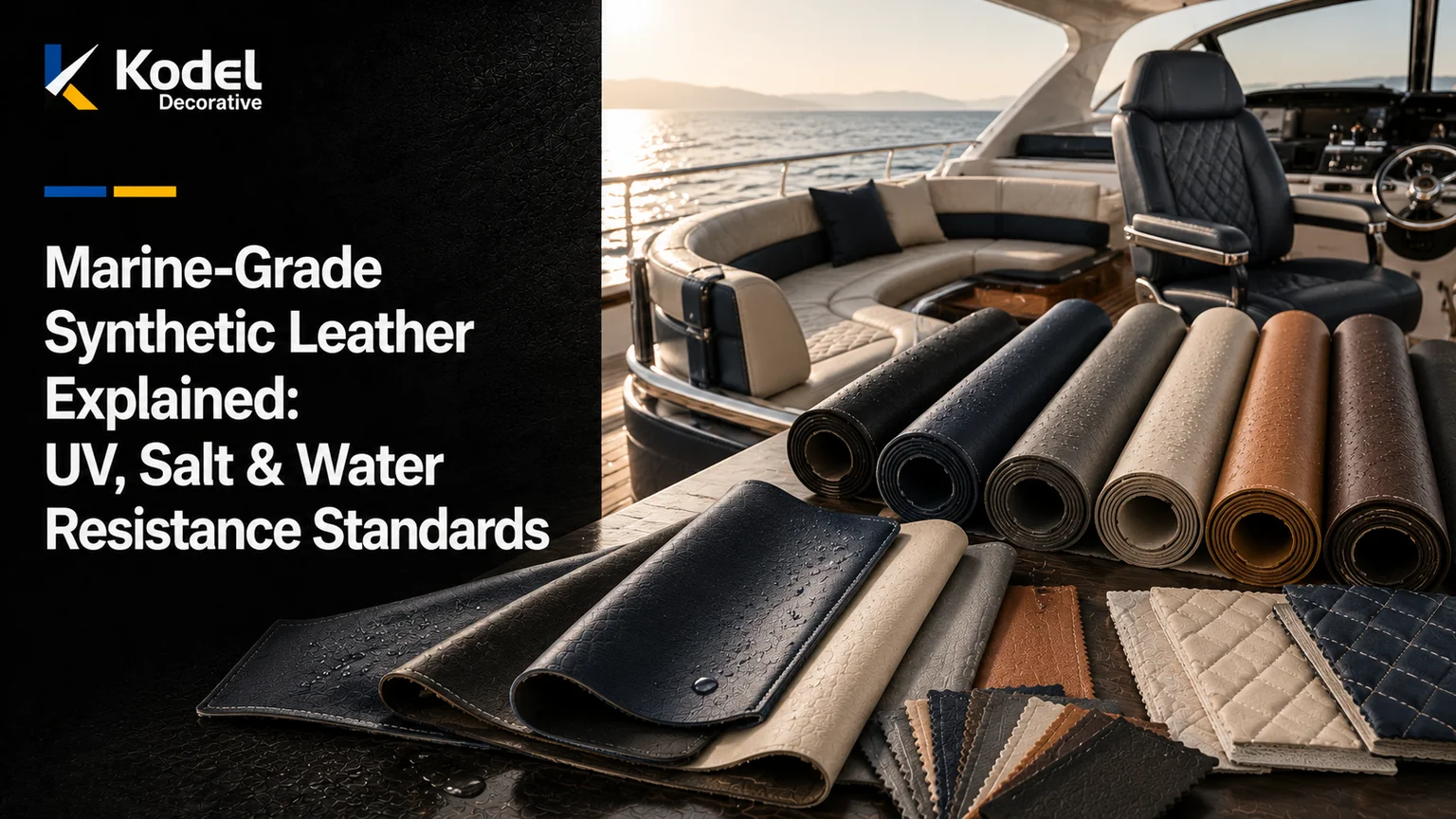 Premium marine upholstery scene featuring synthetic leather rolls, water-resistant material swatches, yacht seating, and marine-grade leather samples