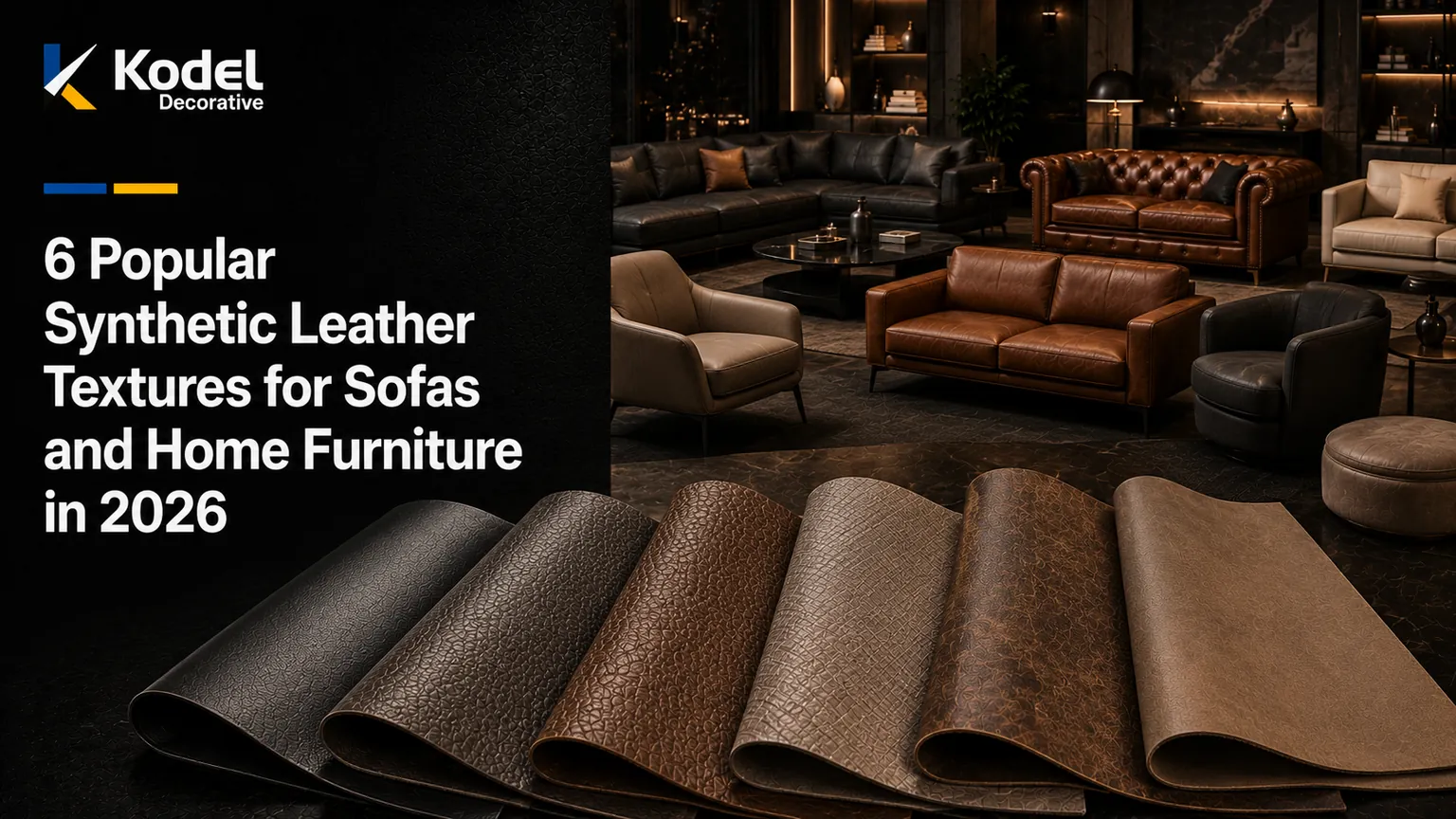 Premium editorial showroom featuring six synthetic leather textures, rolls, material swatches, and luxury sofas and home furniture in 2026