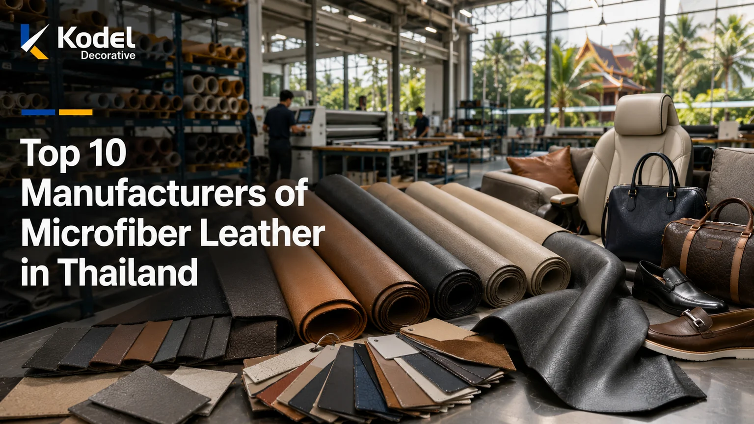 Premium microfiber leather manufacturing facility in Thailand featuring leather rolls, material swatches, automotive upholstery, handbags, footwear, and quality material displays