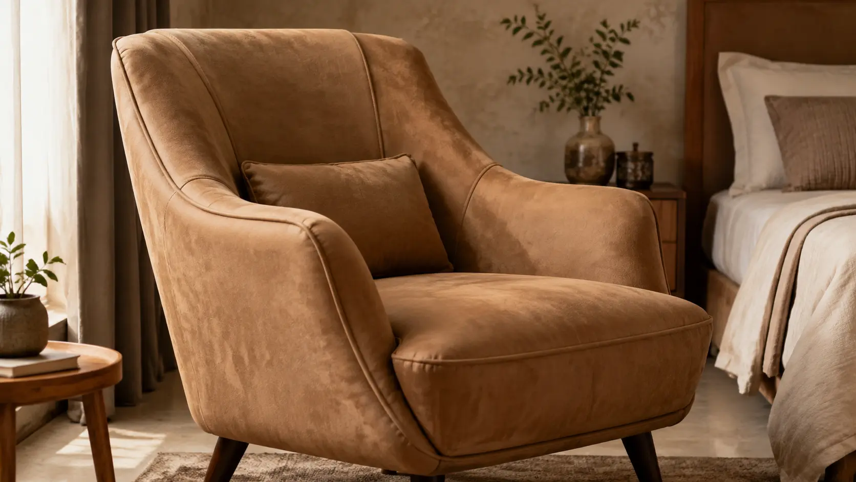 Suede-effect microfiber accent chair in a warm bedroom corner