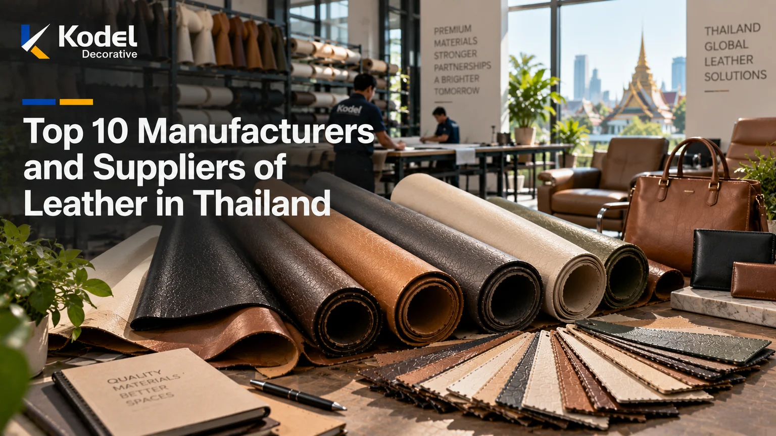 Premium leather rolls, material swatches, finished leather products, and a modern manufacturing showroom in Thailand