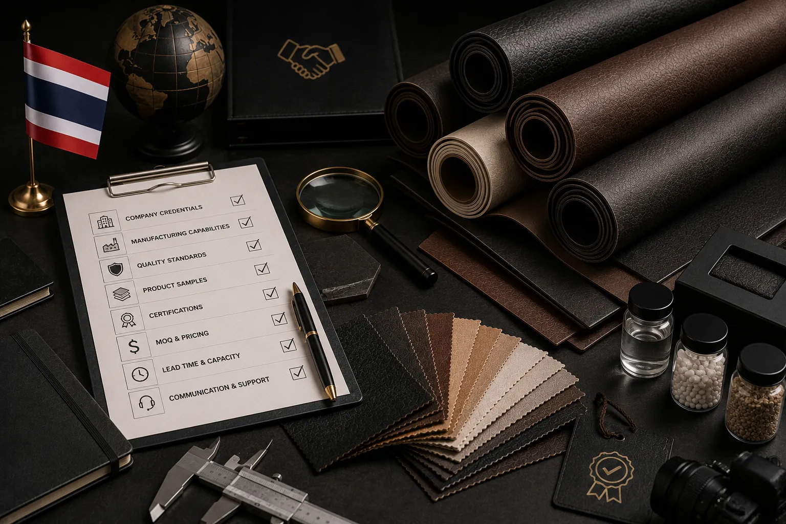 Premium editorial still life featuring synthetic leather rolls, material swatches, supplier evaluation tools, and quality inspection equipment for Thailand synthetic leather sourcing