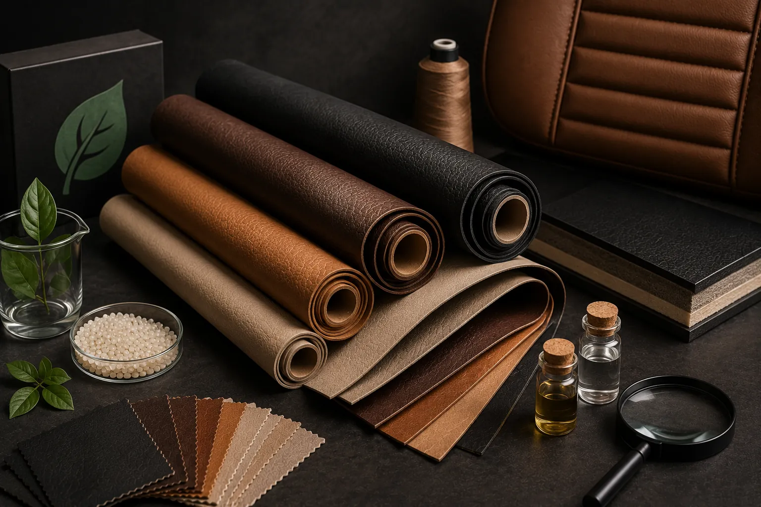 Premium editorial still life featuring vegan leather rolls, material swatches, plant-inspired elements, and manufacturing materials in a luxury studio setting
