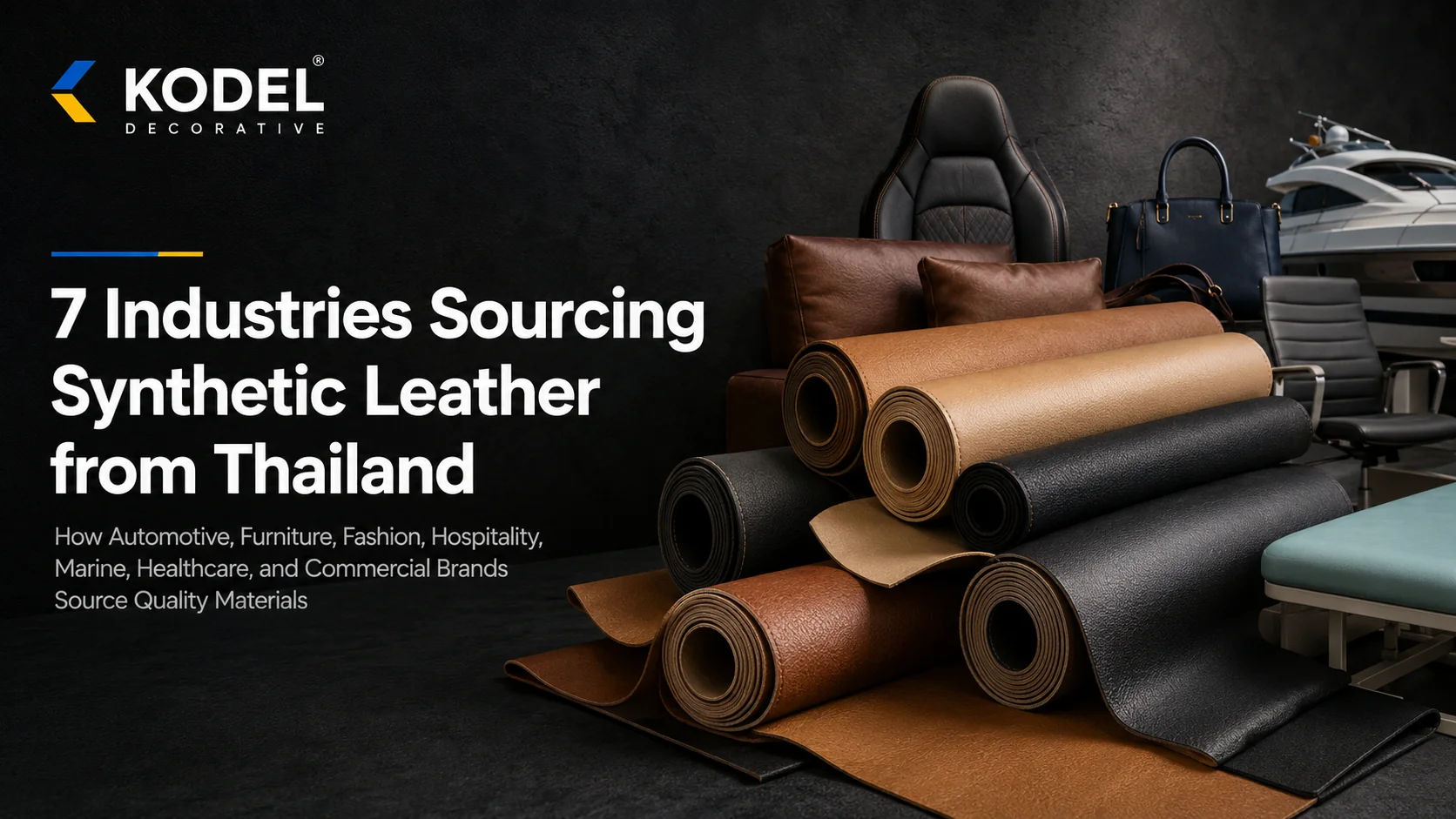 Synthetic leather rolls for automotive, furniture, fashion, hospitality, marine, healthcare, and commercial industries sourced from Thailand by Kodel Decorative. 