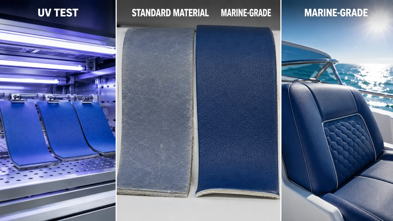 UV weathering comparison of standard and marine-grade synthetic leather boat upholstery