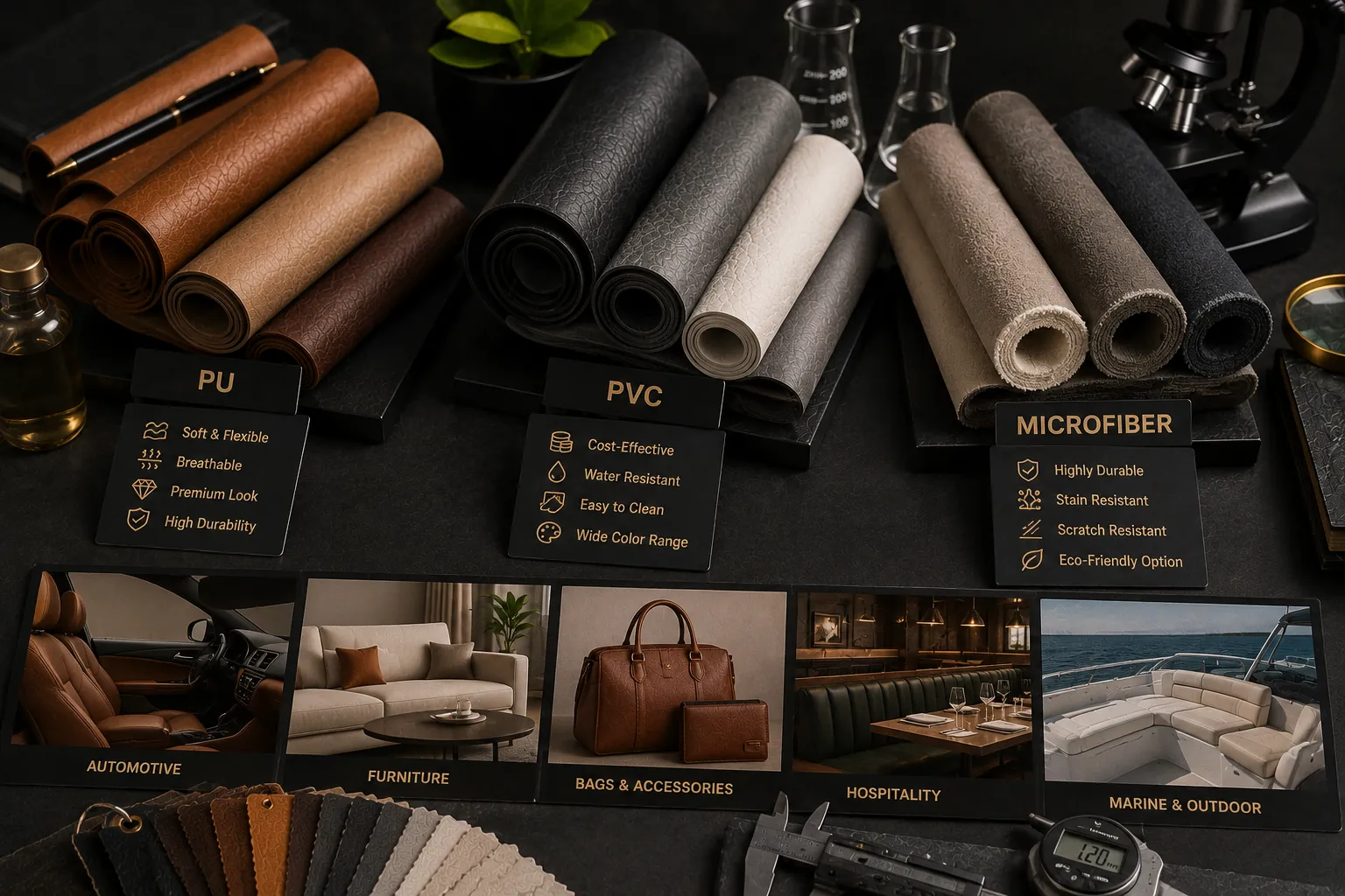 Premium editorial comparison featuring PU, PVC, and microfiber leather rolls with material samples and industry applications in a luxury studio setting