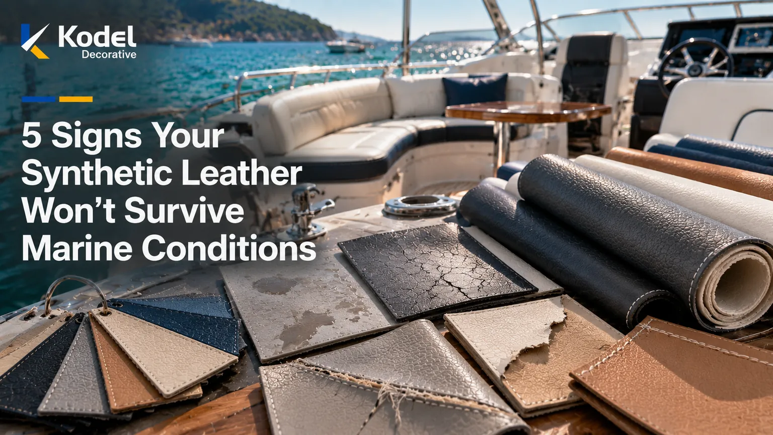 Marine yacht upholstery with synthetic leather rolls and material samples showing cracking, peeling, water exposure, and stitching wear
