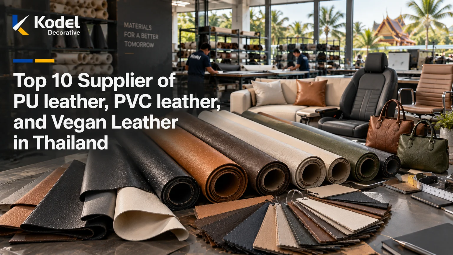 Premium PU leather, PVC leather, and vegan leather rolls and swatches displayed in a modern synthetic leather manufacturing and sourcing facility in Thailand