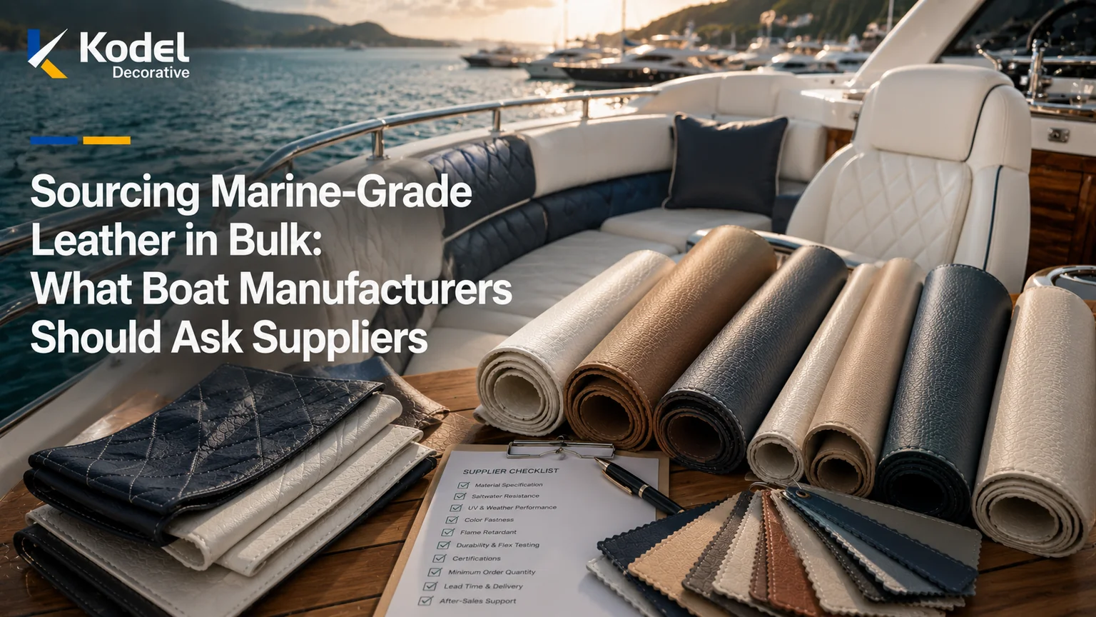 Premium marine-grade synthetic leather rolls, material swatches, yacht seating, and supplier sourcing materials for boat manufacturers