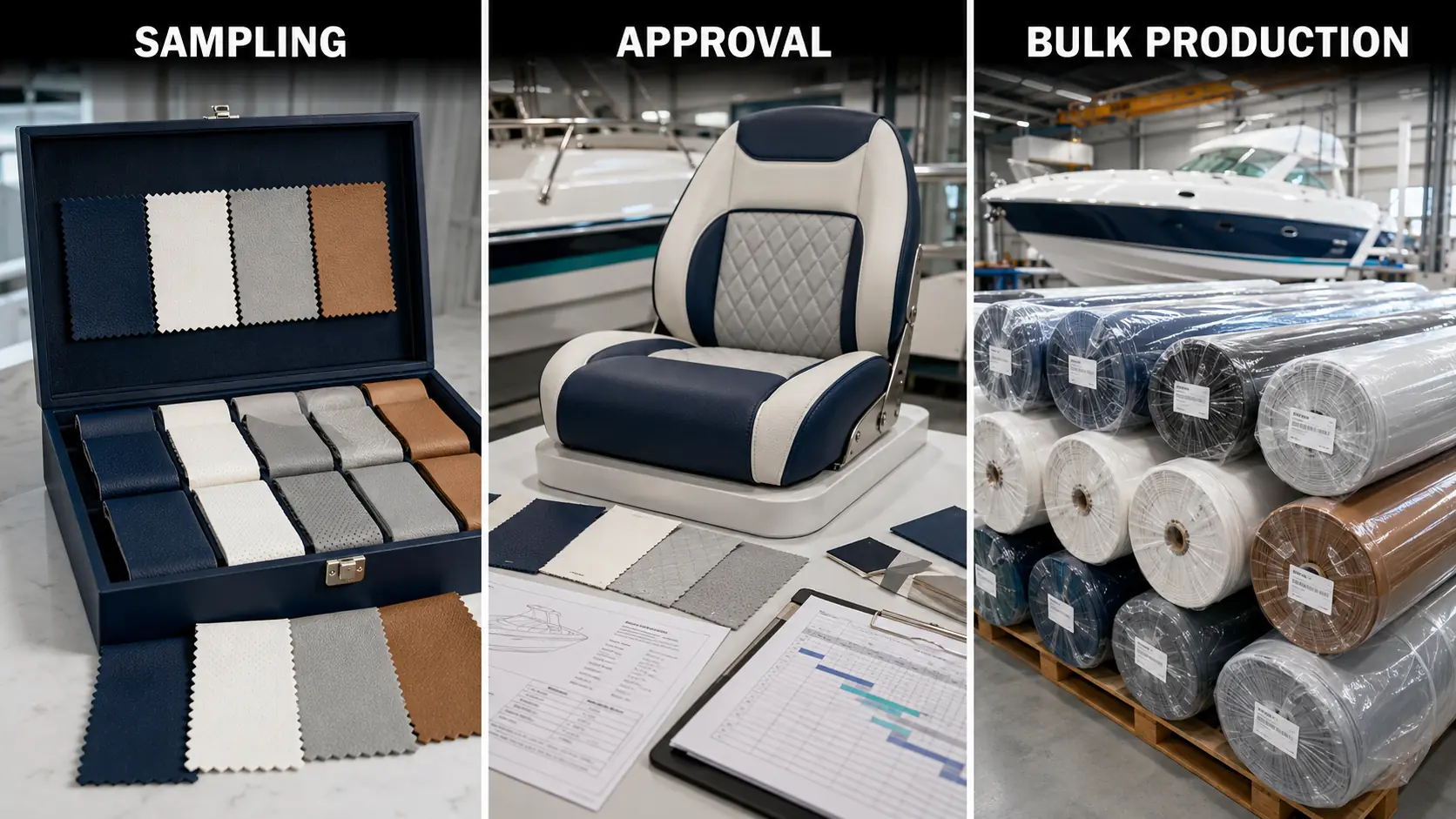 Sampling, approval and bulk production of marine-grade synthetic leather