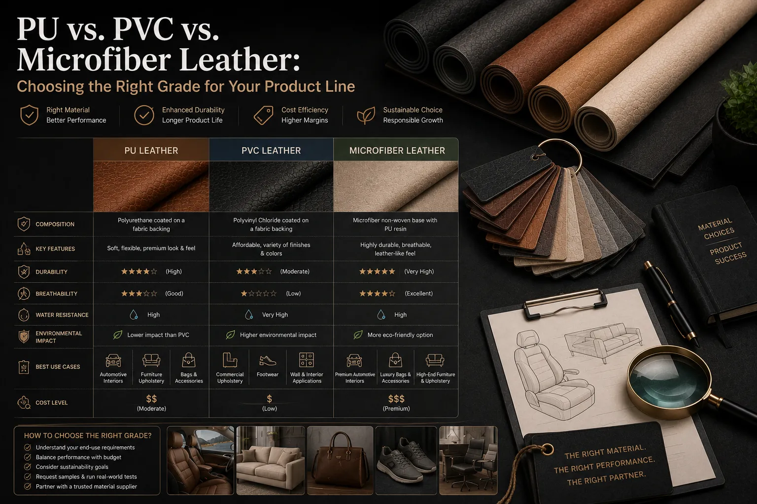 Premium editorial comparison featuring PU, PVC, and microfiber leather rolls, material swatches, and product selection elements in a luxury studio setting