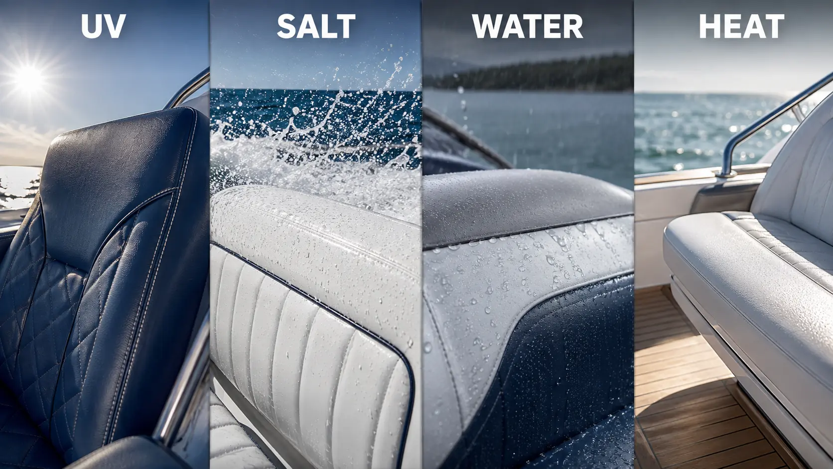 Marine synthetic leather boat seats exposed to UV, salt, water and heat
