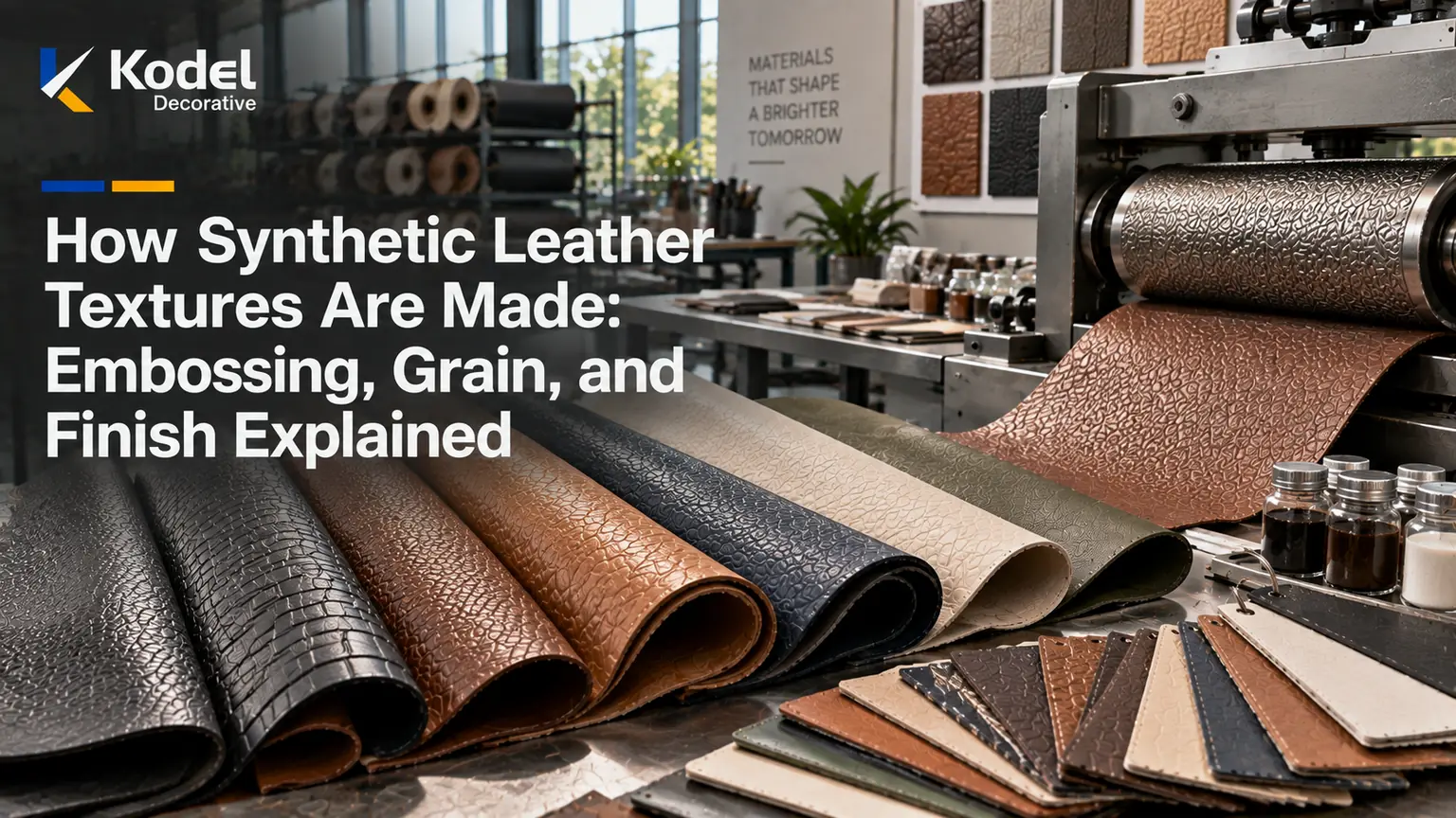 Synthetic leather rolls and texture samples displayed beside an embossing machine showing different grains, finishes, and surface patterns
