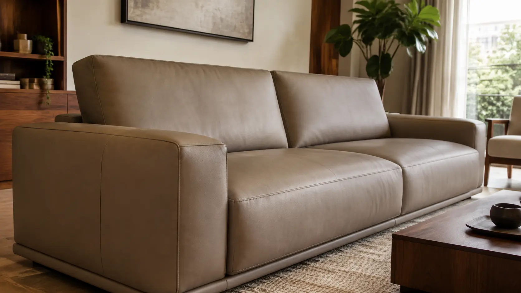 Smooth aniline-look synthetic leather sofa in a modern living room