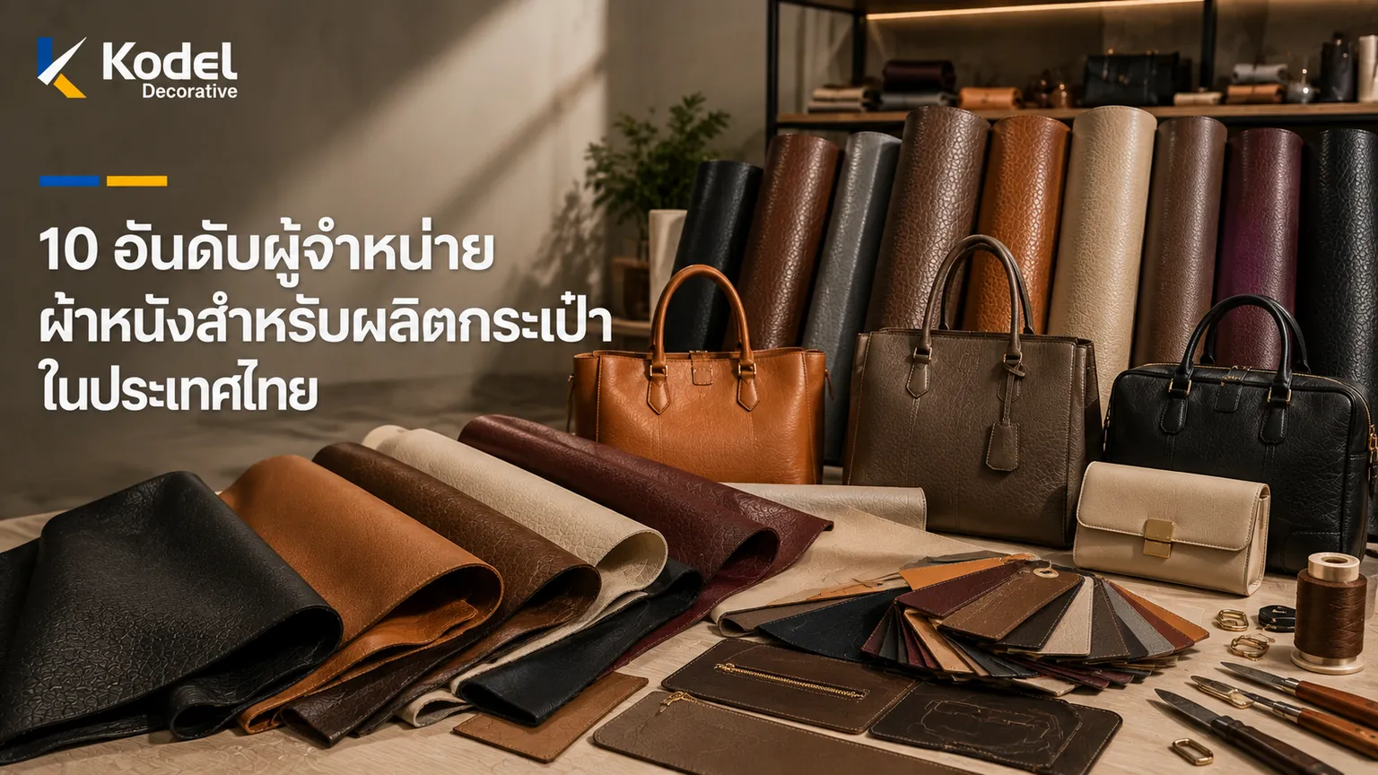Premium synthetic leather rolls, material swatches, handbags, and bag-making tools showcasing leather suppliers for bag manufacturing in Thailand.