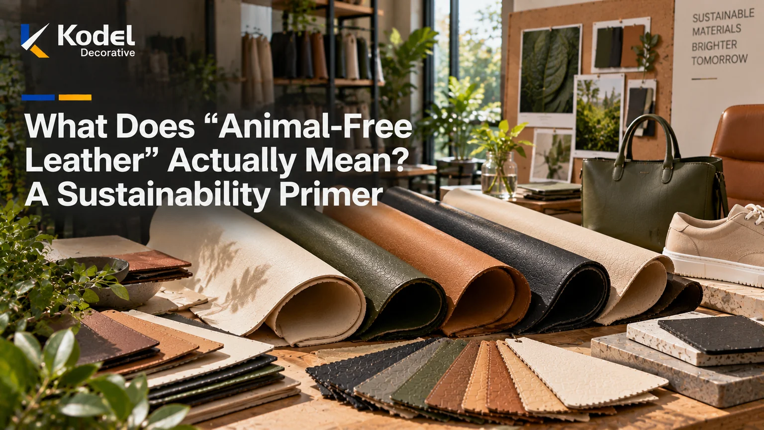 Animal-free leather rolls and swatches in earthy colors displayed in a sustainable materials studio with vegan leather accessories