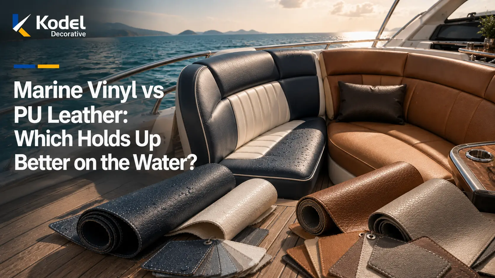 Premium yacht interior featuring marine vinyl and PU leather seating, material rolls, texture swatches, and water-exposure details