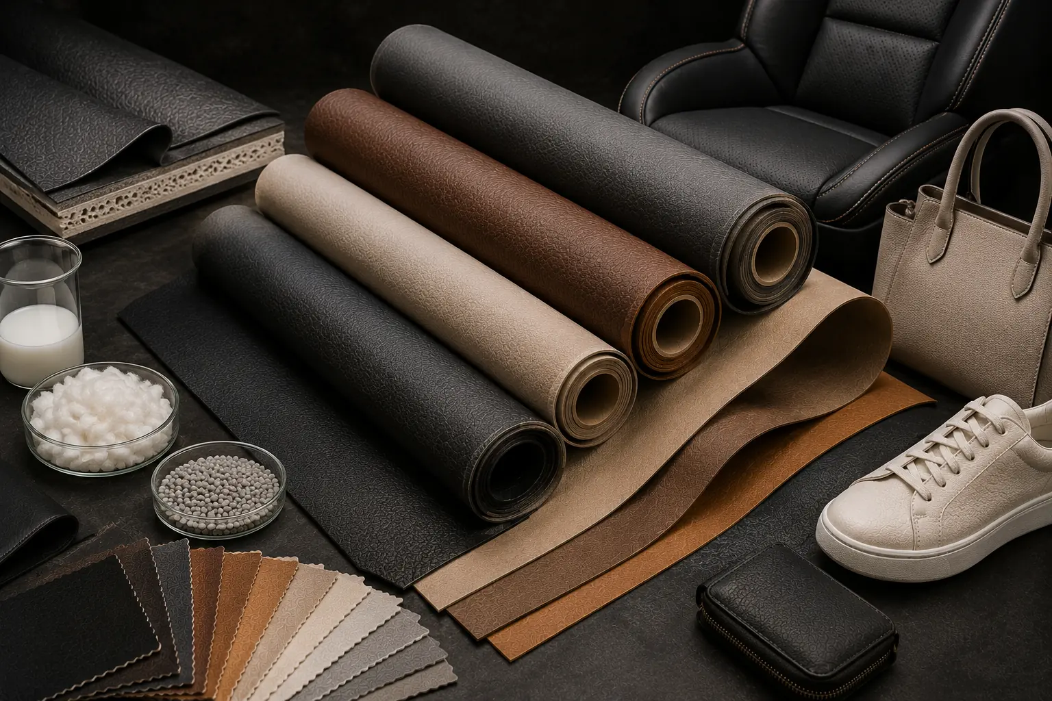 Premium editorial still life featuring microfiber leather rolls, raw materials, layered construction, and luxury finished products in a high-end studio setting