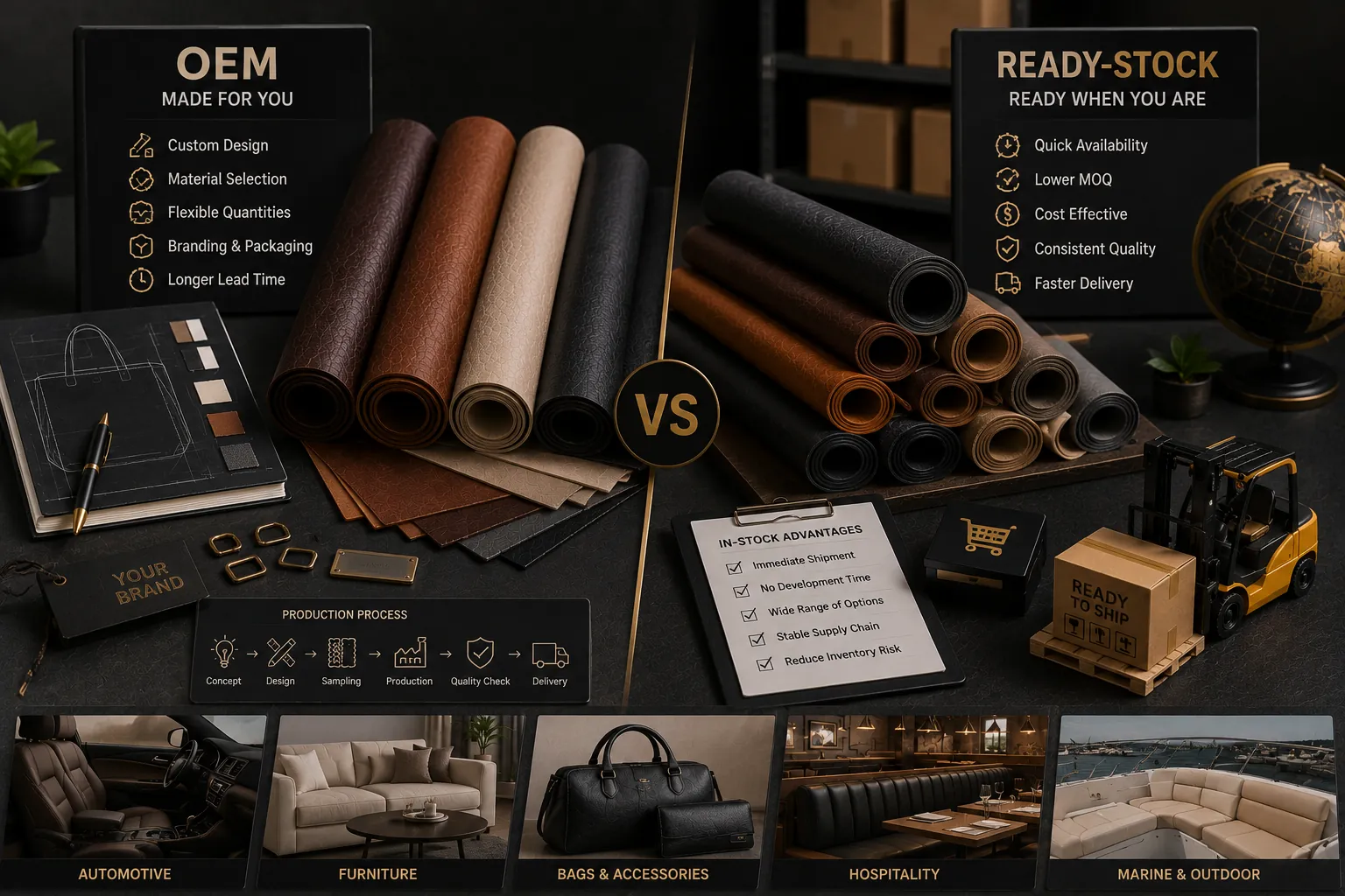 Premium editorial comparison featuring OEM and ready-stock procurement models with synthetic leather rolls, sourcing materials, and logistics elements in a luxury studio setting