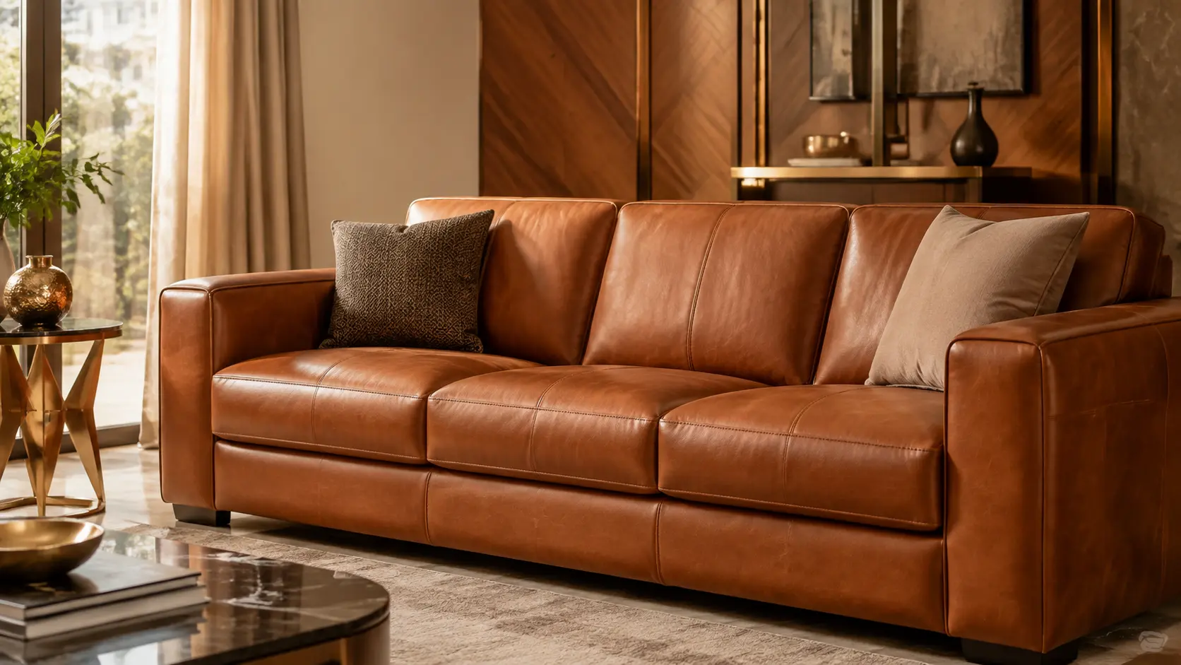 Warm cognac synthetic leather sofa with semi-matte grain