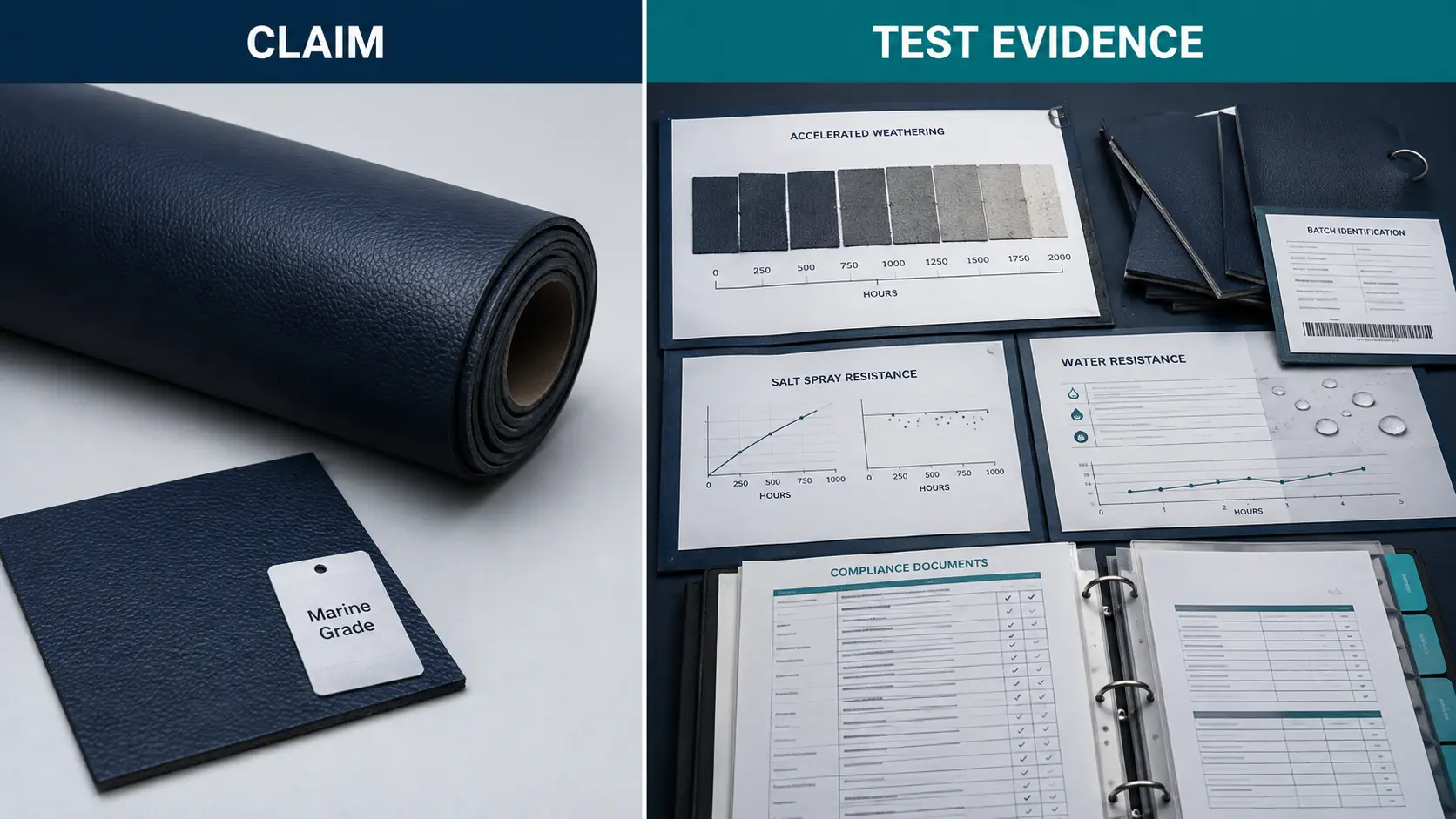 Marine-grade synthetic leather claim compared with supplier test evidence