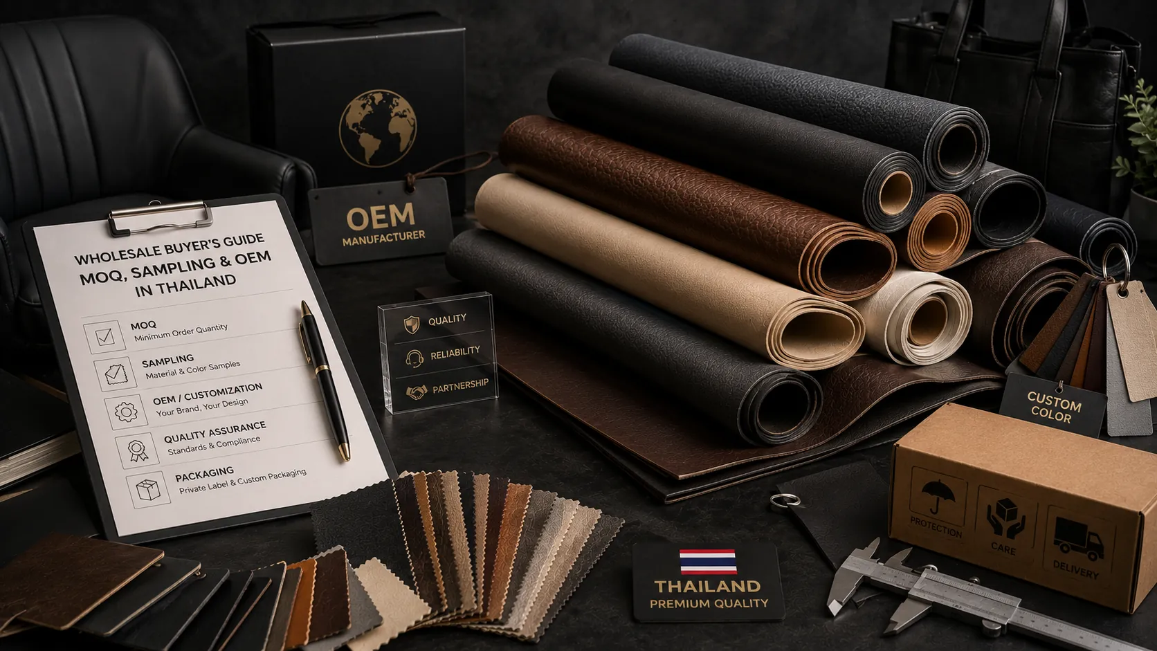 Premium editorial still life featuring synthetic leather rolls, OEM sampling tools, material swatches, and quality inspection for Thailand wholesale sourcing
