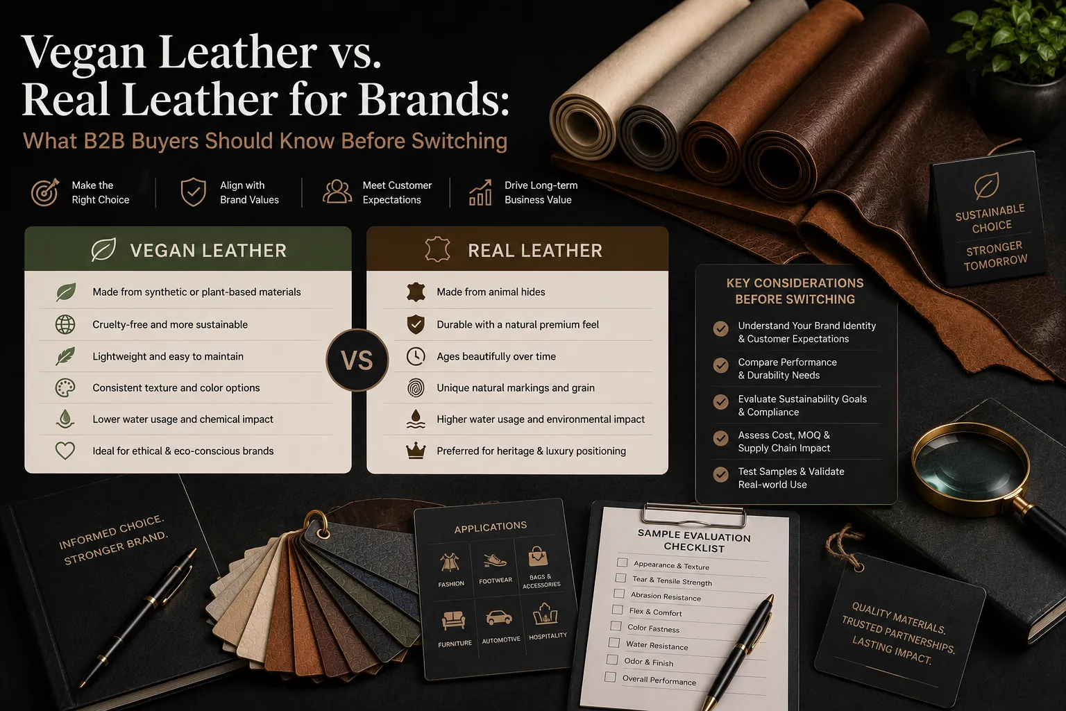 Premium editorial comparison featuring vegan leather and real leather materials with product swatches, sourcing tools, and B2B evaluation elements in a luxury studio setting