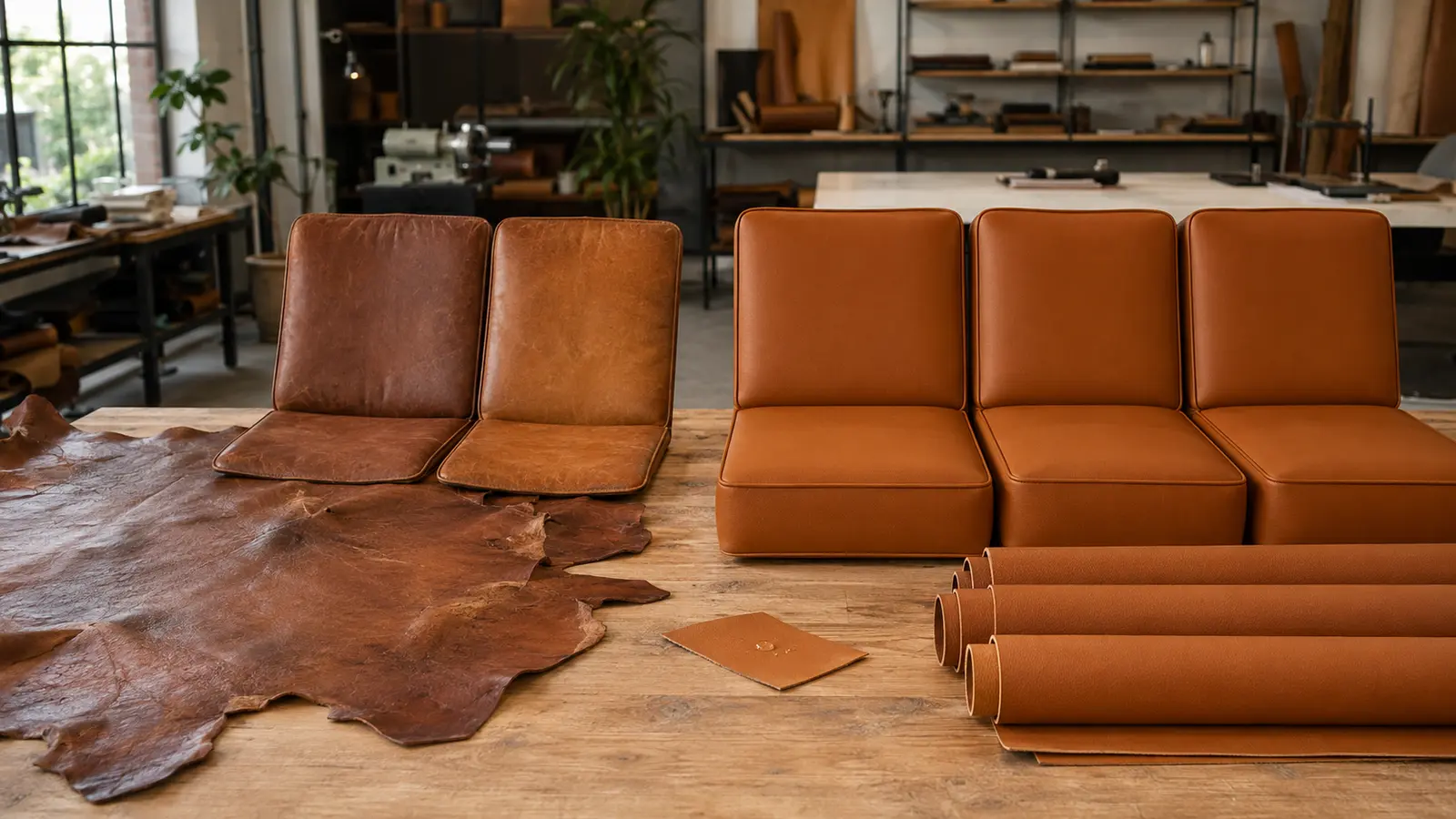 Consistent synthetic leather upholstery compared with varied genuine leather hides