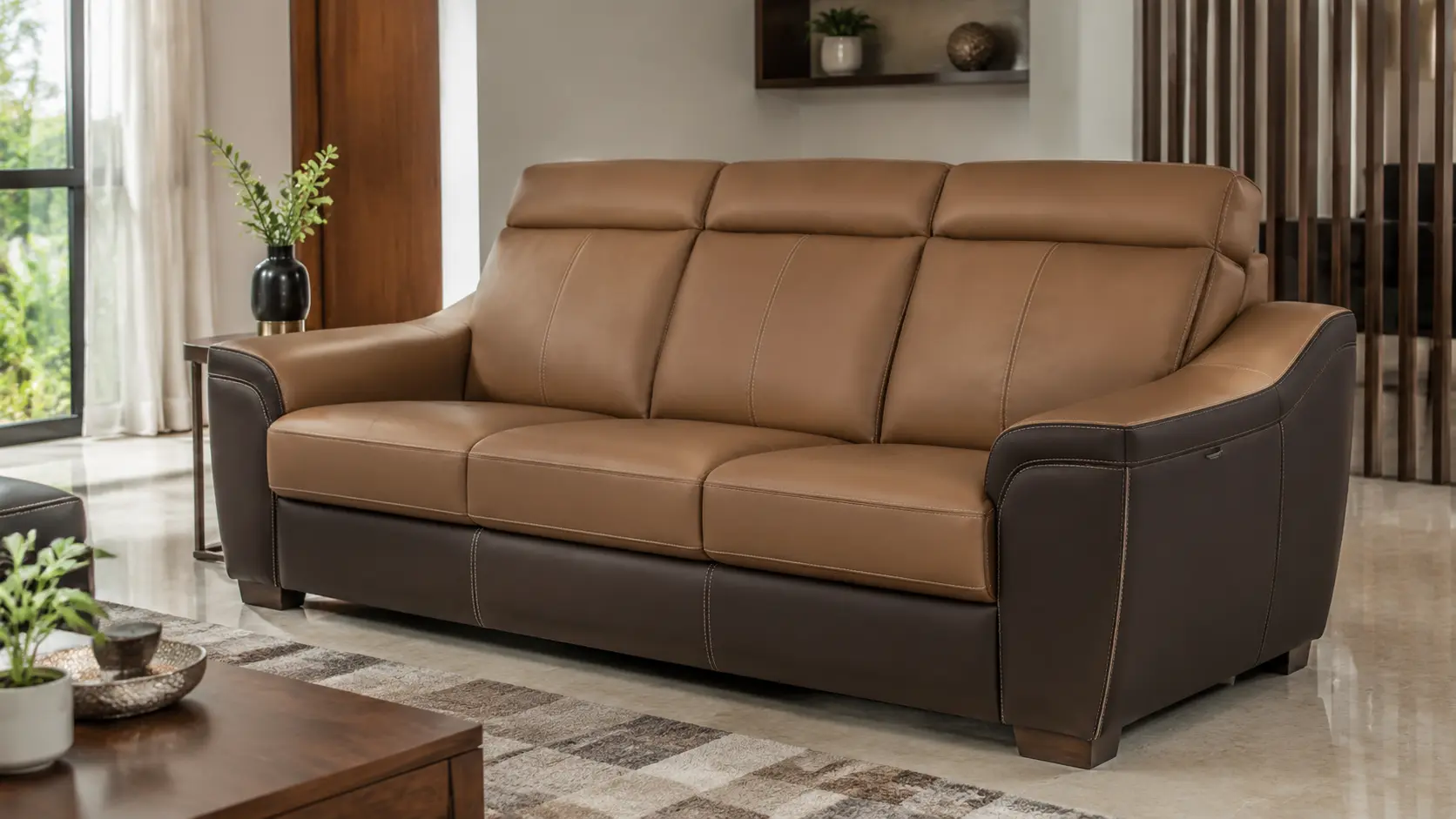 Two-tone synthetic leather sofa with contrast stitching